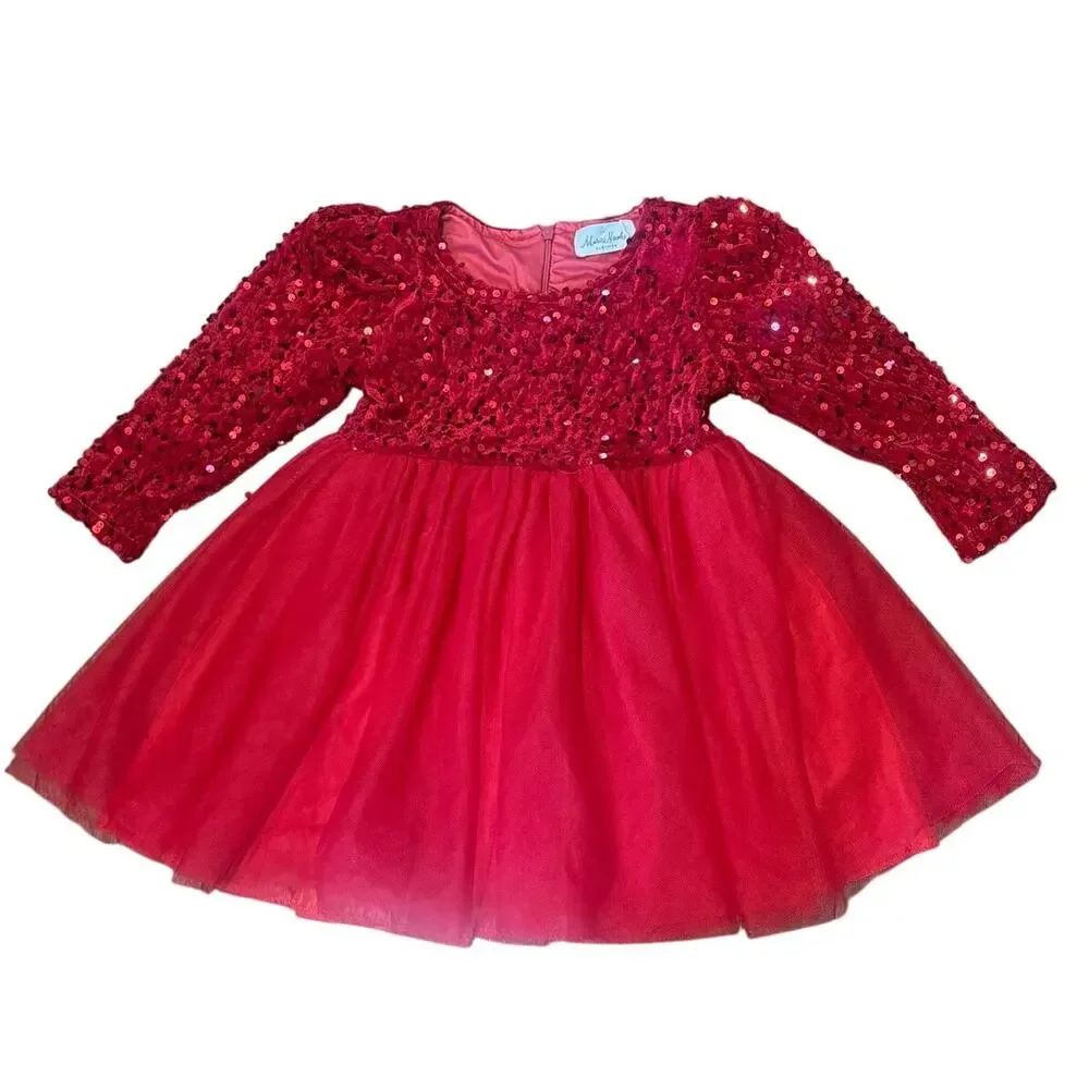 Marie Nicole Ruby Red Sequin Tulle Party Dress Girls Size S 2T Holiday